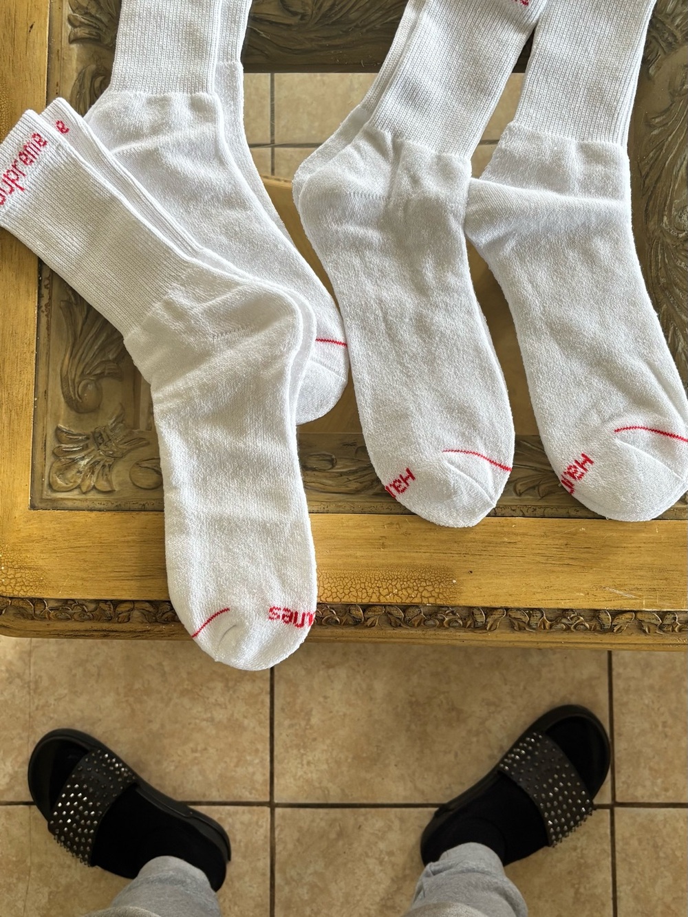 Supreme White Crew Athletic Socks with Red Accents